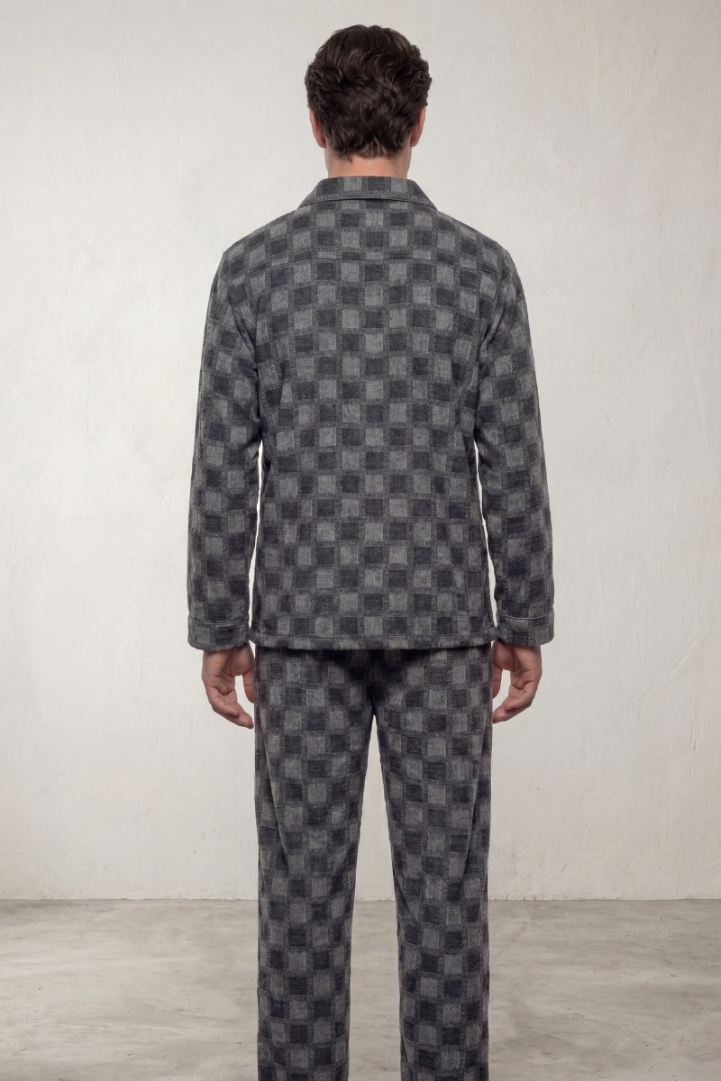 Pyjama coton damier homme gris, chemise manches longues à damier et pantalon assorti, vue de face, vue 3