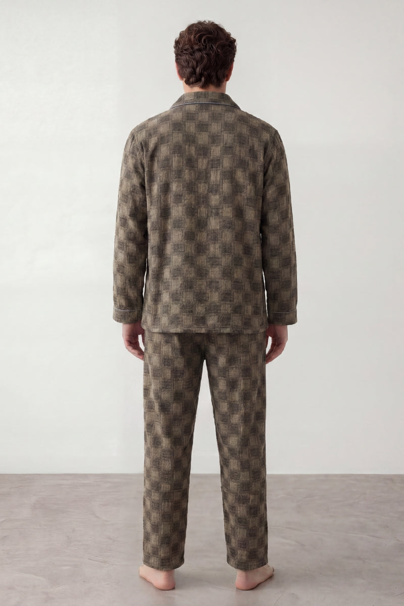 Pyjama coton damier homme gris, chemise manches longues à damier et pantalon assorti, vue de face, vue 4