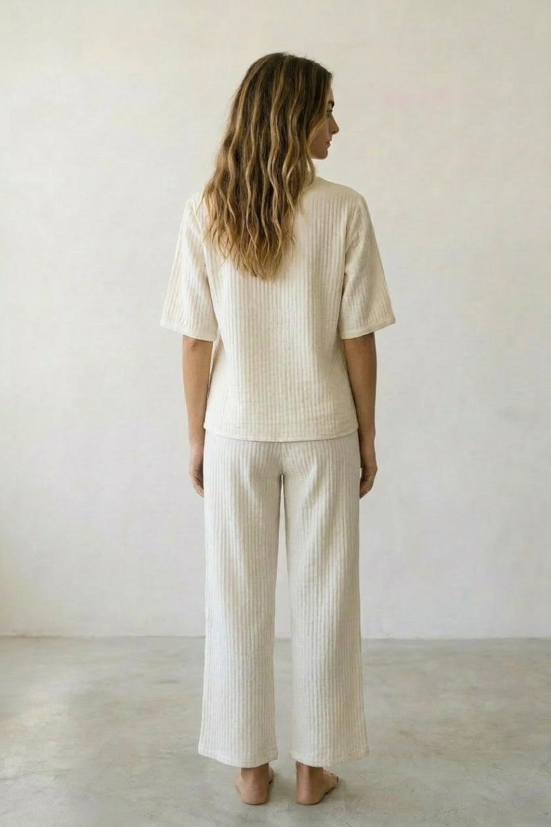 Pyjama coton écru femme, chemise manches courtes texturée et pantalon assorti, vue de face, vue 2