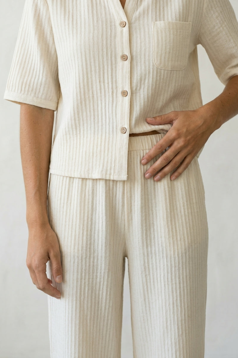 Pyjama coton écru femme, chemise manches courtes texturée et pantalon assorti, vue de face, vue 3