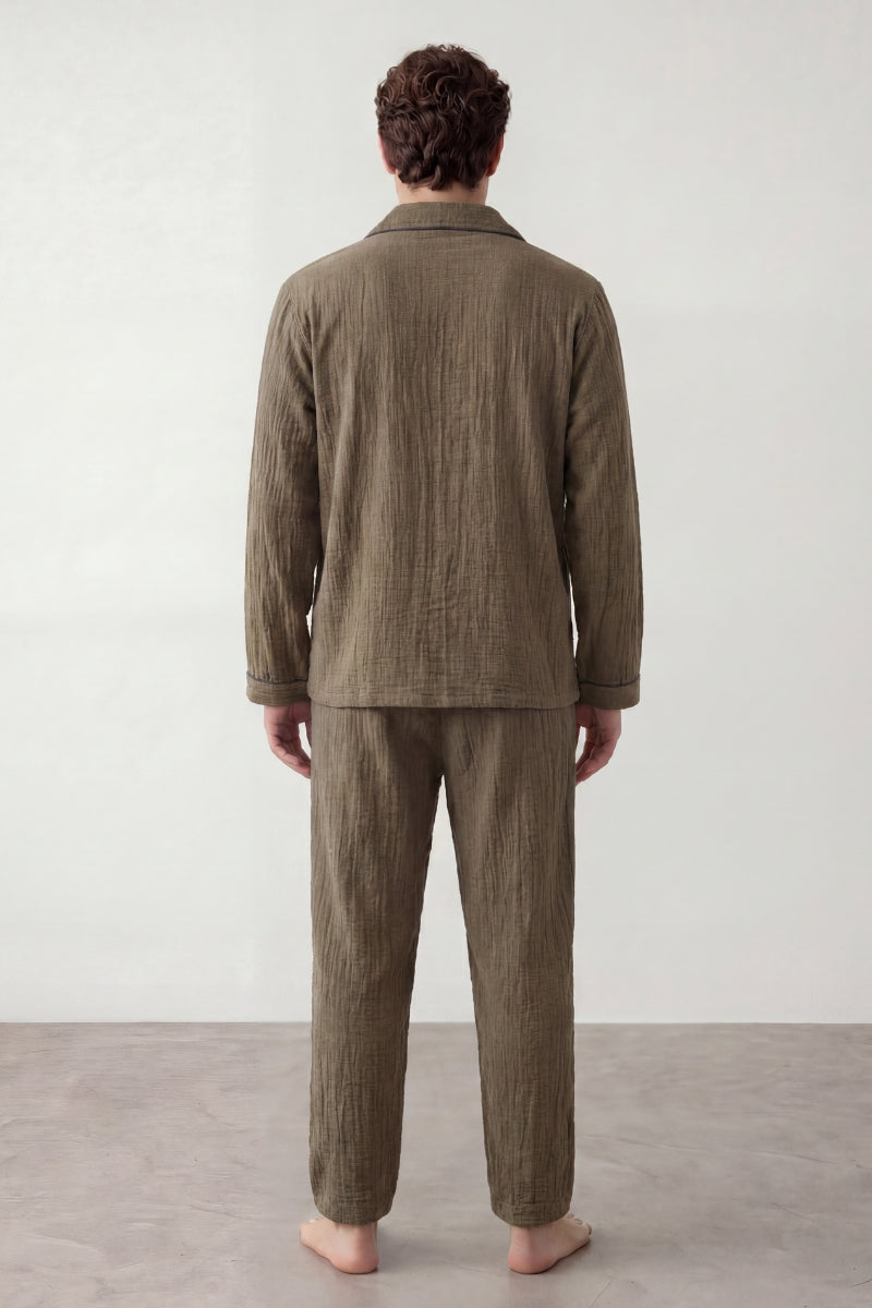Pyjama coton kaki homme, chemise manches longues vert kaki et pantalon assorti, vue de face, vue 2