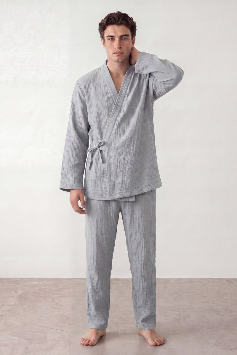 Pyjama coton kimono gris homme, veste croisée à nouer et pantalon assorti, vue de face