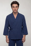 Pyjama coton kimono marine homme, veste croisée à nouer et pantalon assorti, vue de face