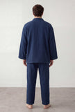 Pyjama coton kimono marine homme, veste croisée à nouer et pantalon assorti, vue de face, vue 2