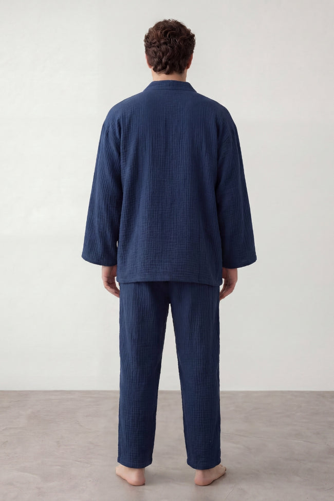 Pyjama coton kimono marine homme, veste croisée à nouer et pantalon assorti, vue de face, vue 2