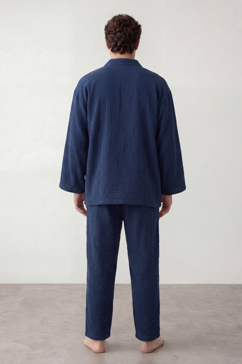 Pyjama coton kimono marine homme, veste croisée à nouer et pantalon assorti, vue de face, vue 2