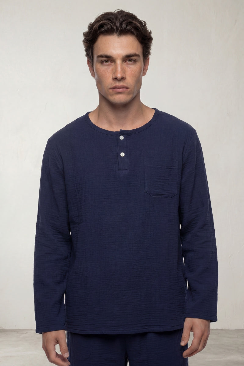 Pyjama coton marine homme, haut col rond et pantalon assorti, vue de face