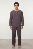 Pyjama coton marine homme, haut col rond et pantalon assorti, vue de face, vue 2