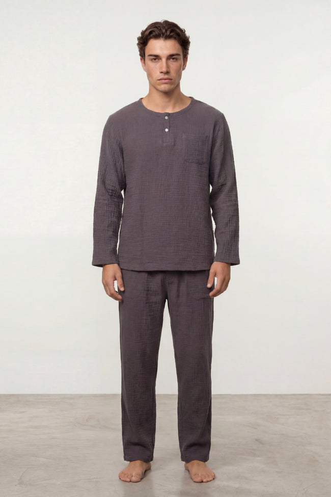 Pyjama coton marine homme, haut col rond et pantalon assorti, vue de face, vue 2