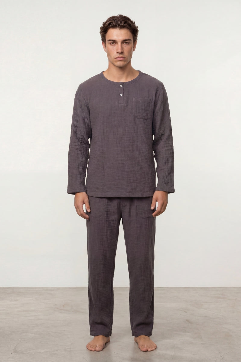 Pyjama coton marine homme, haut col rond et pantalon assorti, vue de face, vue 2