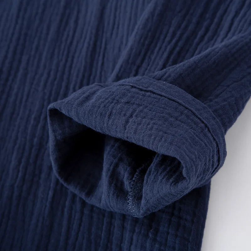 Pyjama coton marine homme, haut col rond et pantalon assorti, vue de face, vue 3