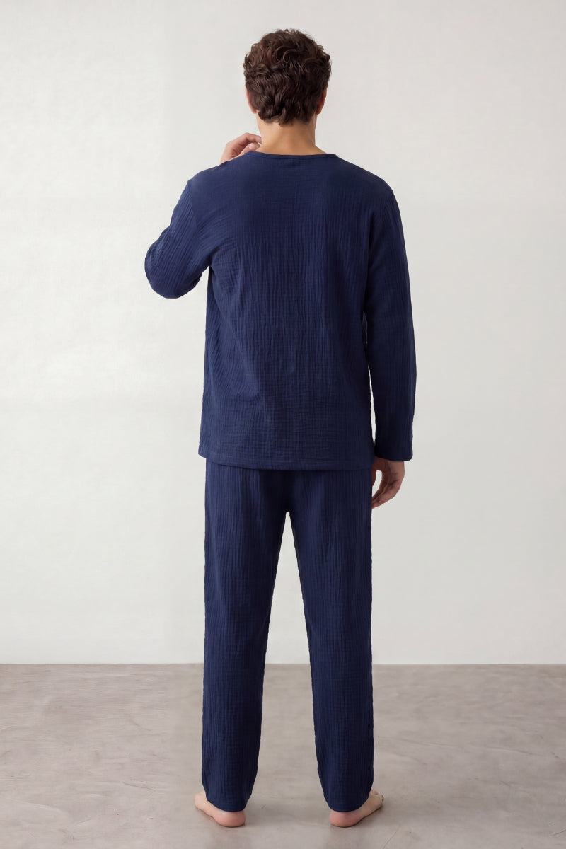Pyjama coton marine homme, haut col rond et pantalon assorti, vue de face, vue 4