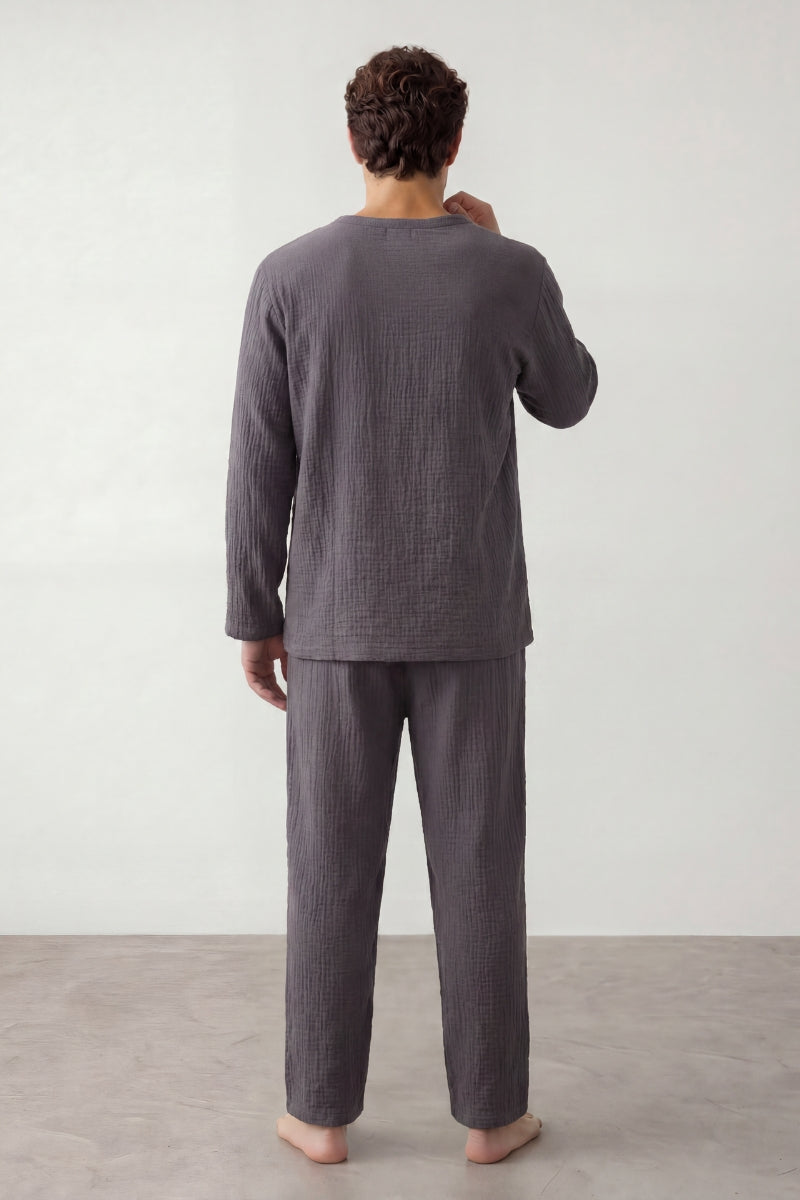 Pyjama coton marine homme, haut col rond et pantalon assorti, vue de face, vue 5