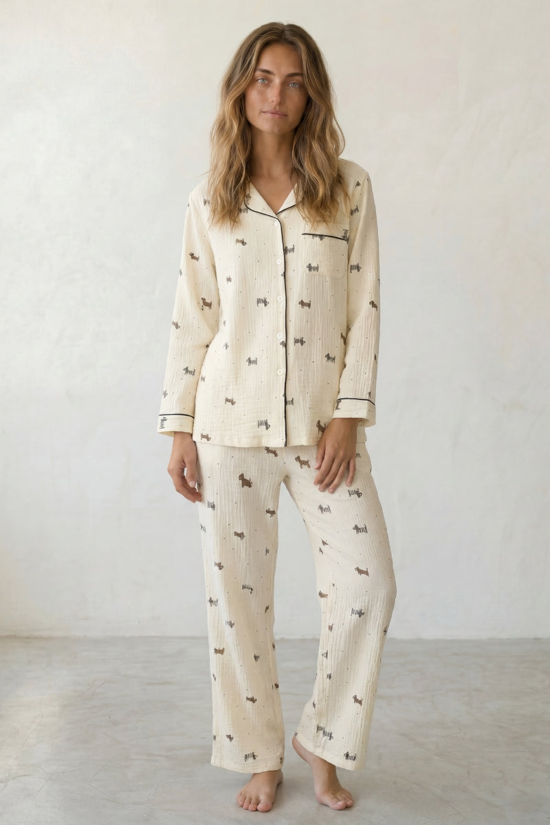 Pyjama coton nœuds femme crème, chemise manches longues à motif nœuds et pantalon assorti, vue de face
