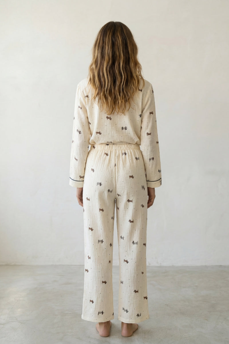 Pyjama coton nœuds femme crème, chemise manches longues à motif nœuds et pantalon assorti, vue de face, vue 2