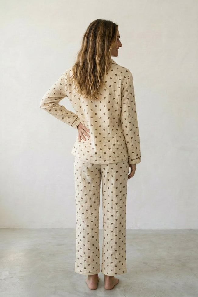Pyjama coton pois femme, chemise manches longues à pois marine et pantalon assorti, vue de face, vue 2