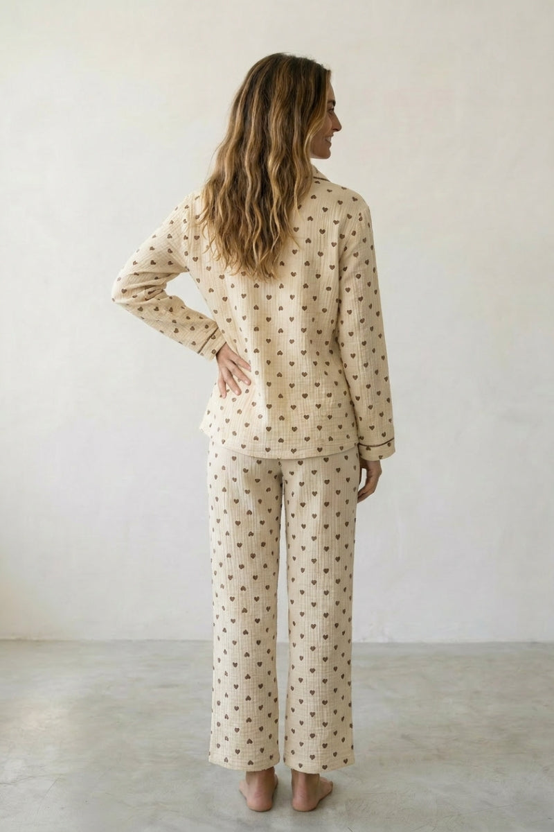 Pyjama coton pois femme, chemise manches longues à pois marine et pantalon assorti, vue de face, vue 2