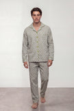 Pyjama coton pois vert homme écru, chemise manches longues à petit motif et pantalon assorti, vue de face