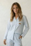 Pyjama coton rayé bleu femme, chemise manches longues à rayures et pantalon assorti, vue de face