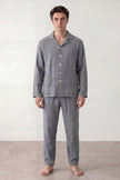 Pyjama coton rayé homme gris, chemise manches longues à rayures et pantalon assorti, vue de face