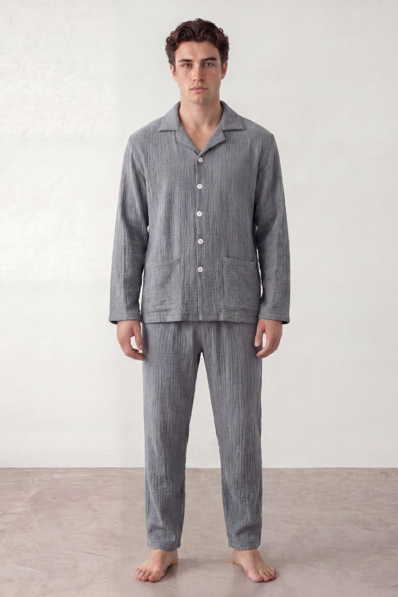 Pyjama coton rayé homme gris, chemise manches longues à rayures et pantalon assorti, vue de face