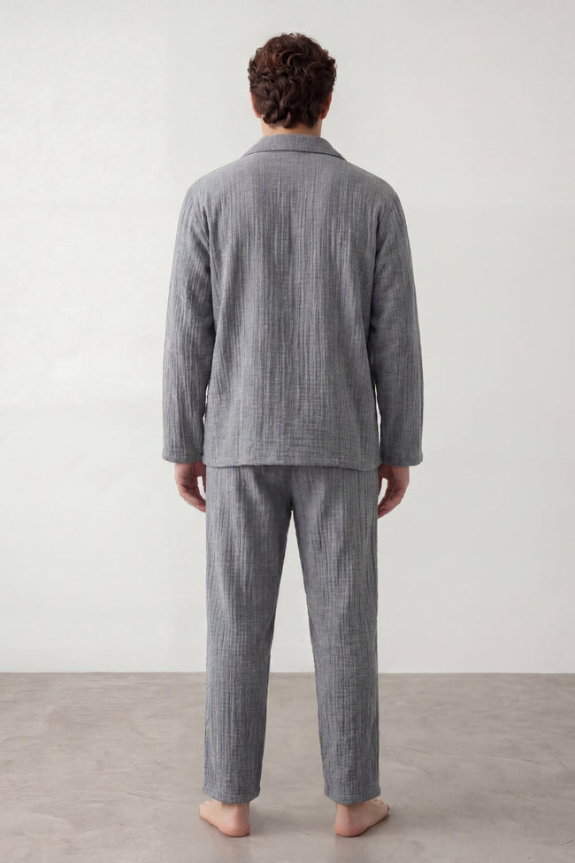 Pyjama coton rayé homme gris, chemise manches longues à rayures et pantalon assorti, vue de face, vue 2