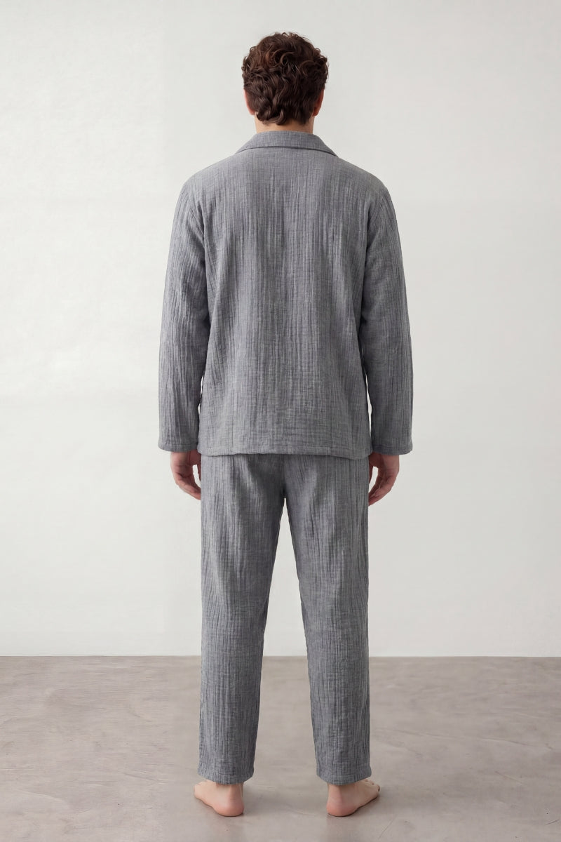 Pyjama coton rayé homme gris, chemise manches longues à rayures et pantalon assorti, vue de face, vue 2