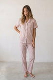 Pyjama coton rose femme, chemise manches courtes et pantalon assorti, vue de face