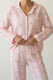Pyjama coton rose fleuri femme, chemise manches longues à motif fleuri et pantalon assorti, vue de face, vue 2
