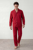 Pyjama coton rouge homme, chemise manches longues à liseré et pantalon assorti, vue de face