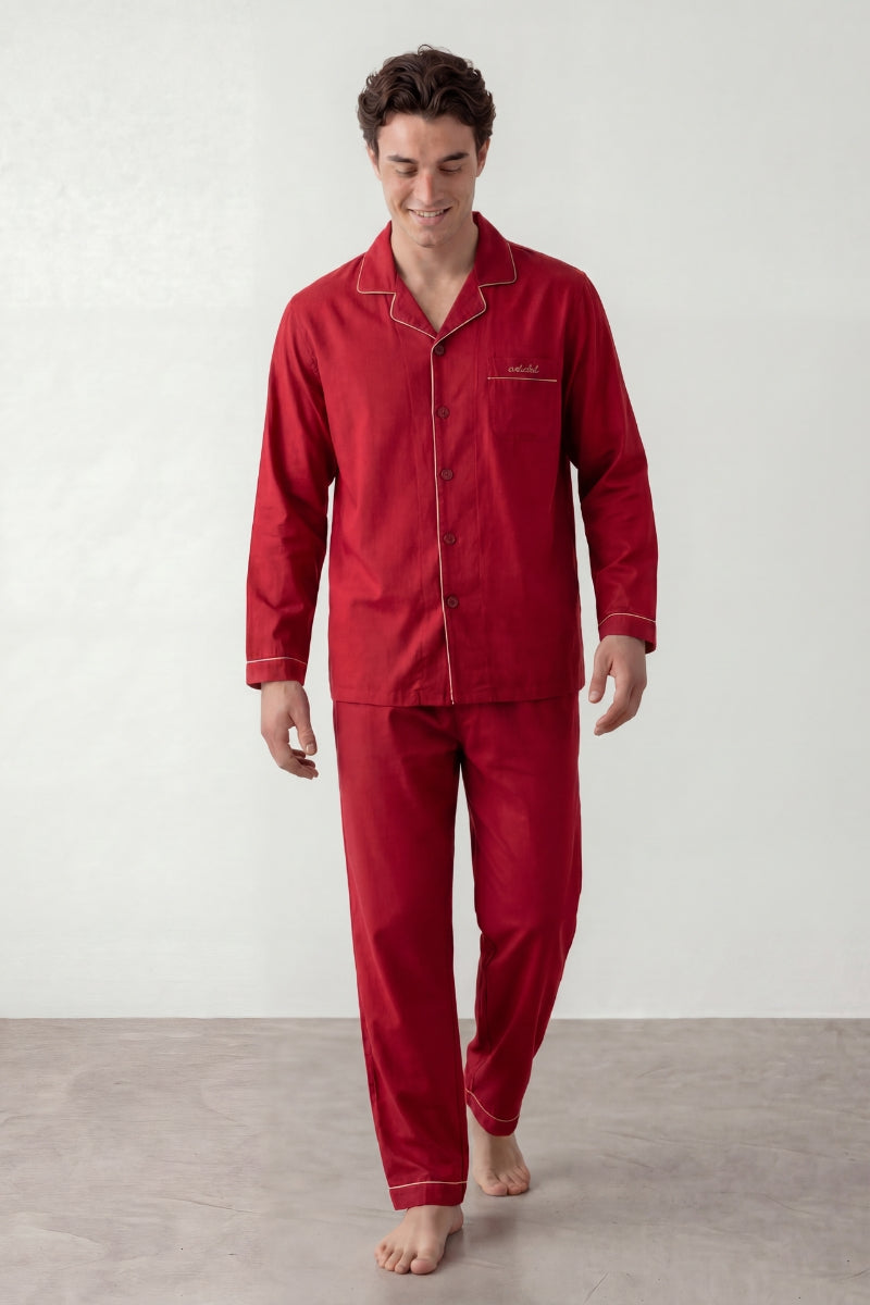 Pyjama coton rouge homme, chemise manches longues à liseré et pantalon assorti, vue de face