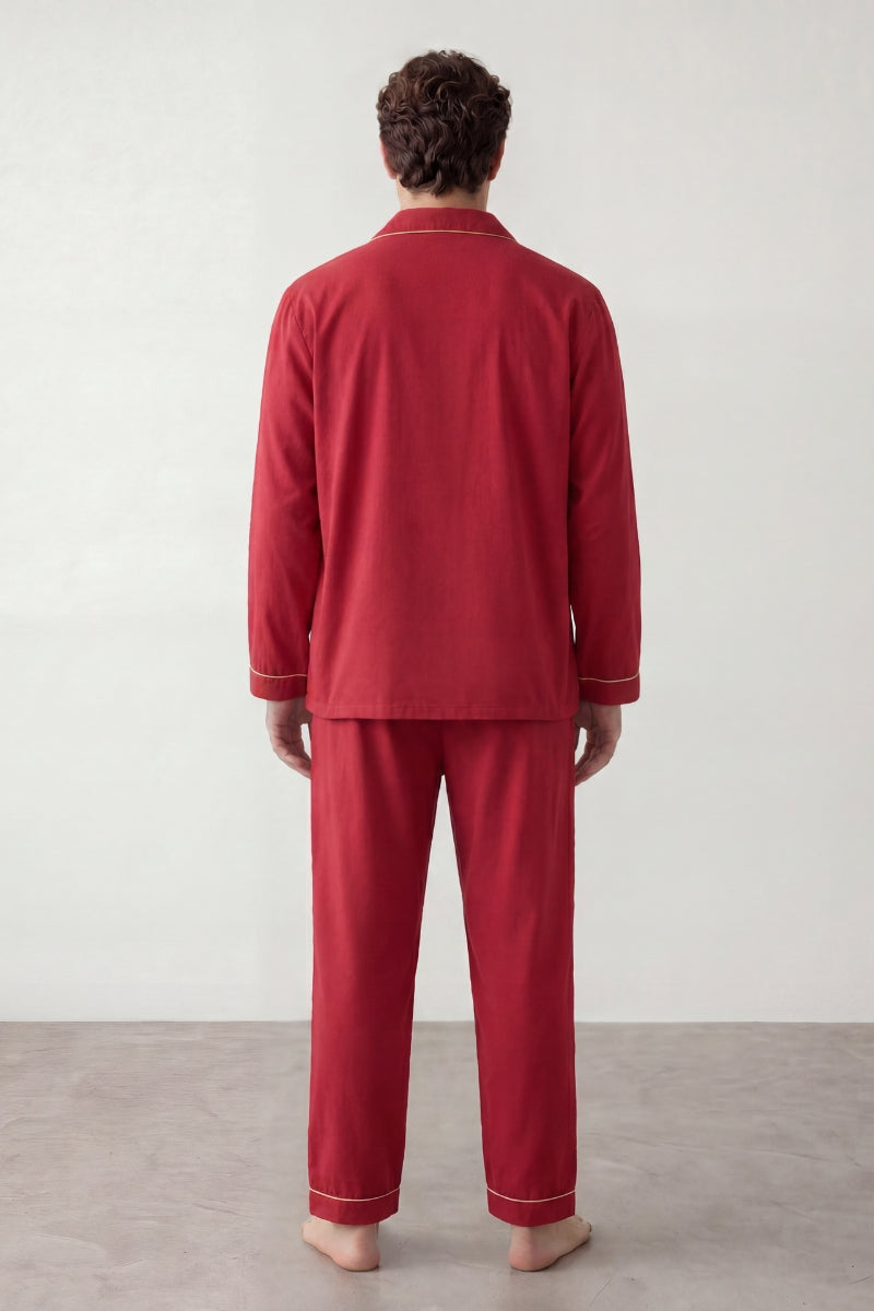 Pyjama coton rouge homme, chemise manches longues à liseré et pantalon assorti, vue de face, vue 3