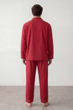 Pyjama coton rouge homme, chemise manches longues à liseré et pantalon assorti, vue de face, vue 3