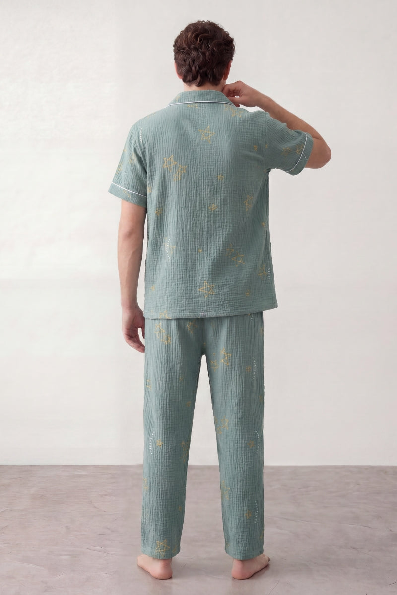 Pyjama coton sauge homme, chemise manches courtes vert sauge et pantalon assorti, vue de face, vue 2