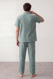 Pyjama coton sauge homme, chemise manches courtes vert sauge et pantalon assorti, vue de face, vue 2