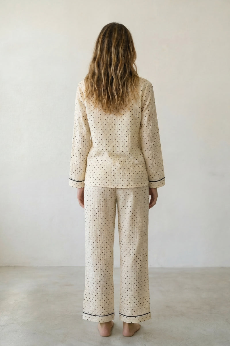 Pyjama coton taupe femme, chemise manches longues à motif et pantalon assorti, vue de face, vue 3