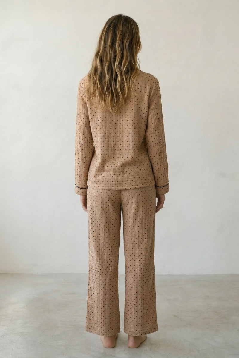 Pyjama coton taupe femme, chemise manches longues à motif et pantalon assorti, vue de face, vue 4