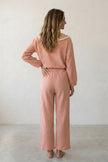 Pyjama coton terracotta femme, haut col claudine à nœud et pantalon assorti, vue de face, vue 3