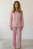 Pyjama coton vieux rose femme, chemise manches longues à liseré et pantalon assorti, vue de face