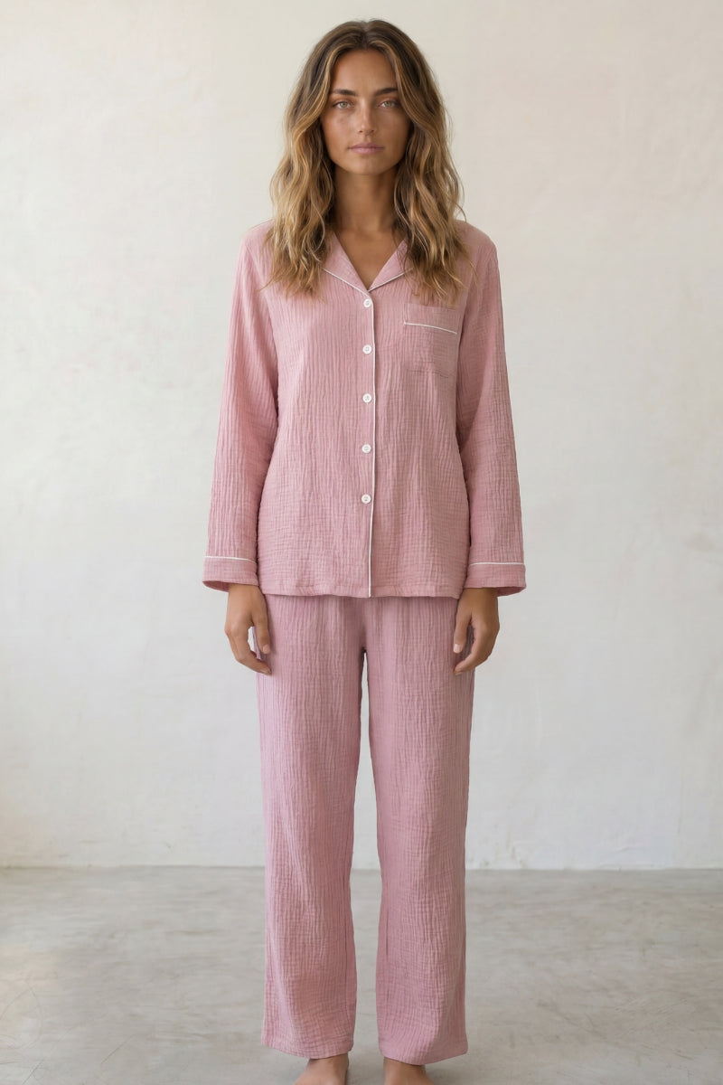 Pyjama coton vieux rose femme, chemise manches longues à liseré et pantalon assorti, vue de face