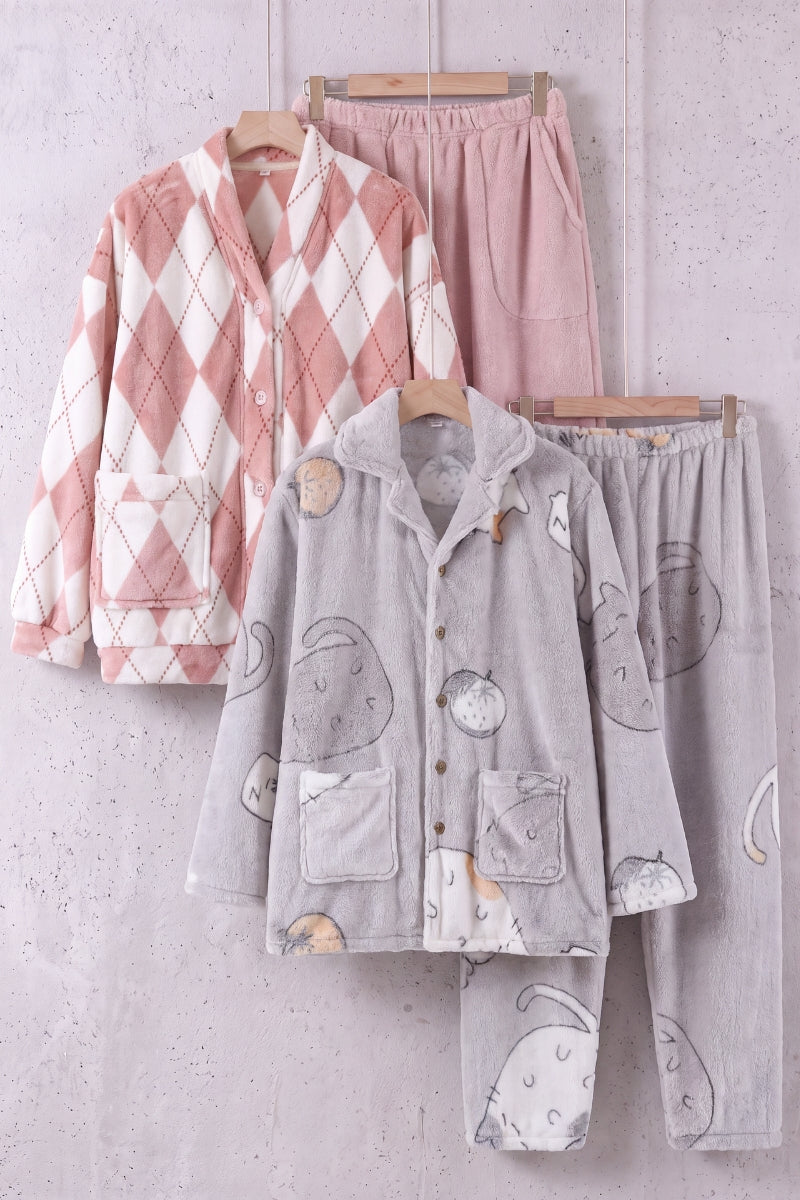 Pyjama couple carreaux, ensemble assorti homme et femme (rose et gris) doux et chaud pour cocooner à deux en hiver
