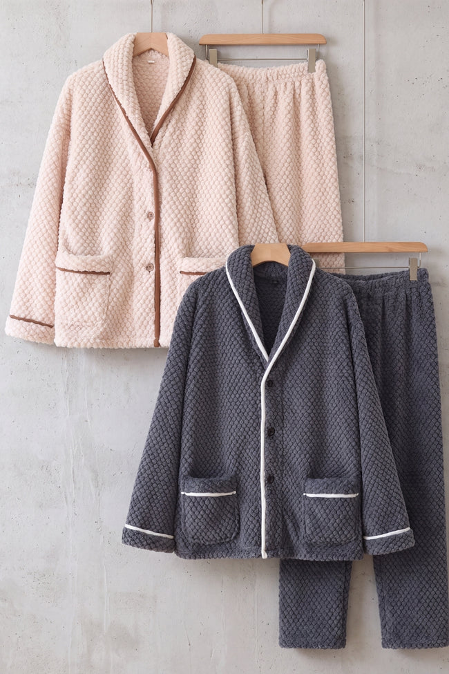 Pyjama couple mignon, ensemble assorti homme et femme (gris et abricot) doux et chaud pour cocooner à deux en hiver