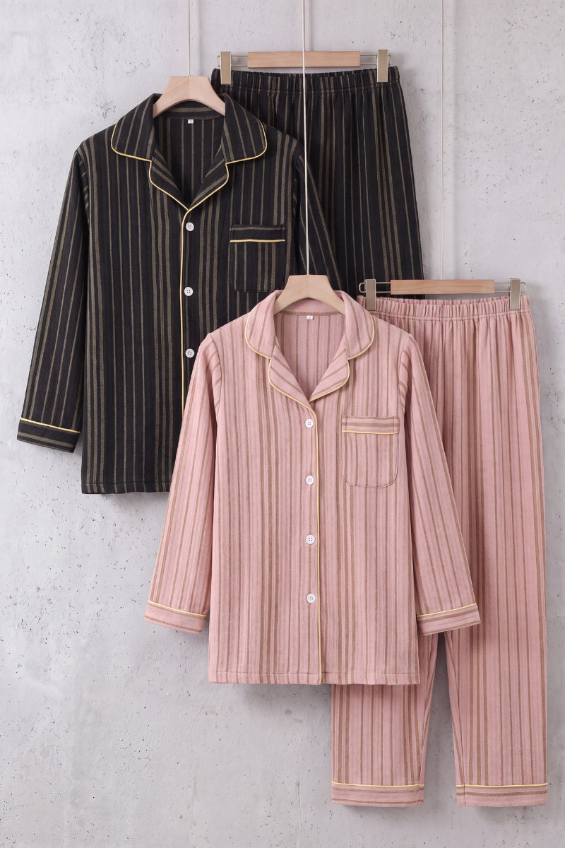 Pyjama couple rayé, ensemble assorti homme et femme (rose et gris foncé) doux et chaud pour cocooner à deux en hiver