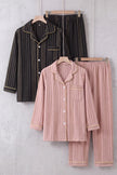 Pyjama couple rayé, ensemble assorti homme et femme (rose et gris foncé) doux et chaud pour cocooner à deux en hiver