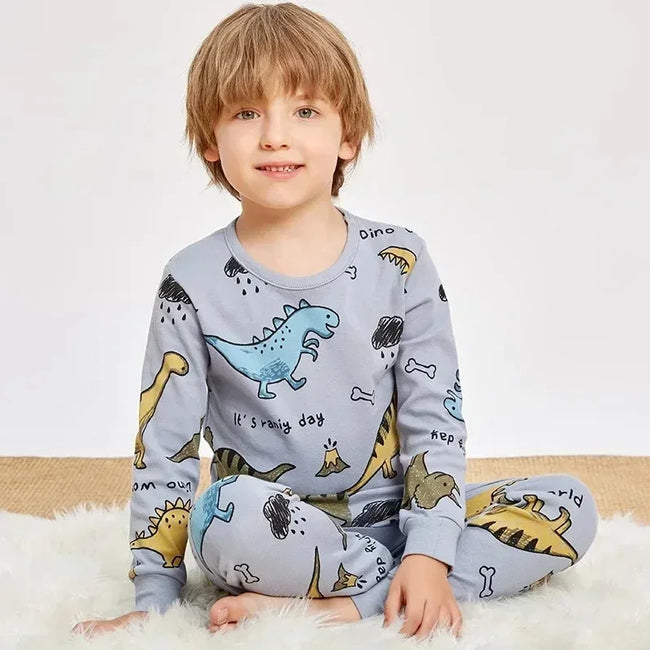 Pyjama dinosaure garçon gris, haut à manches longues à motif dinosaures et pantalon assorti