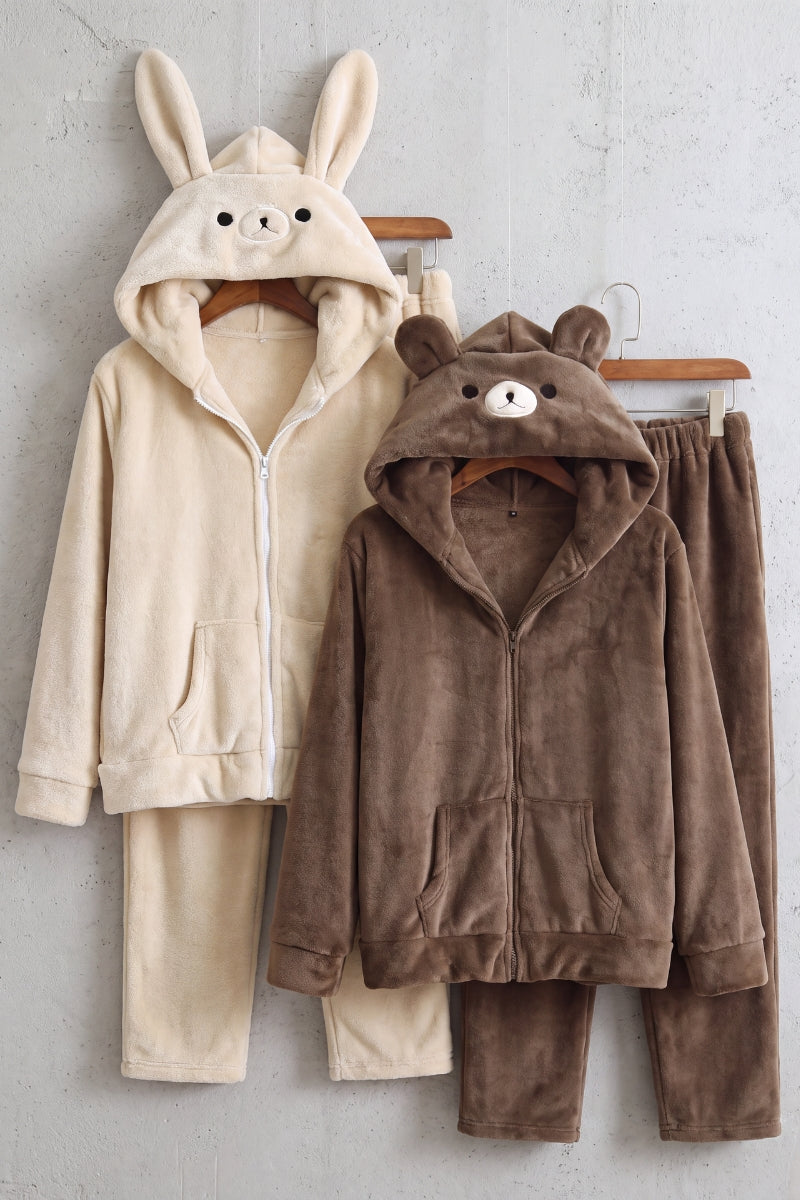 Pyjama double couple, ensemble assorti homme et femme (ourson café et lapin beige) doux et chaud pour cocooner à deux en hiver