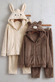Pyjama double couple, ensemble assorti homme et femme (ourson café et lapin beige) doux et chaud pour cocooner à deux en hiver