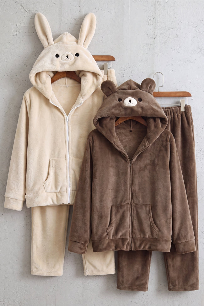 Pyjama double couple, ensemble assorti homme et femme (ourson café et lapin beige) doux et chaud pour cocooner à deux en hiver