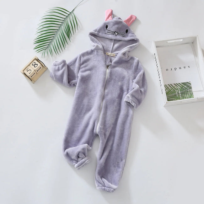 Pyjama bébé lapin gris, combinaison zippée à capuche oreilles de lapin et pieds intégrés