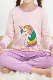 Pyjama licorne fille, haut rose imprimé licorne multicolore et pantalon mauve assorti, vue de face